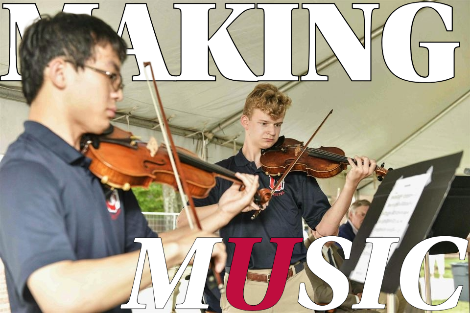 Stringing it all together: Bill Chiang '26 and Will Brezina '27 perform at the Bold Vision Bright Future groundbreaking, an example of the immense musical growth at MUS.