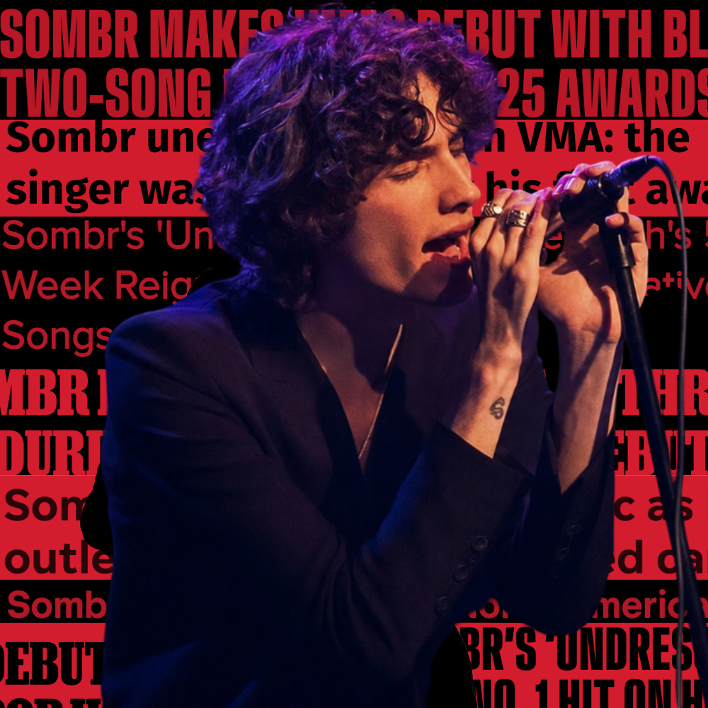 Musician Sombr has soared to performing for MTV following the release of hit singles and his debut album, I Barely Know Her. Graphic by Brady Ehrhart. Based on “Sombr, Islington Academy, London.jpg” by Drew de F Fawkes, licensed under CC BY 2.0. Original Wikimedia Commons file: https://commons.wikimedia.org/wiki/File:Sombr,_Islington_Academy,_London.jpg. License: https://creativecommons.org/licenses/by/2.0/. Cropped, recolored and edited into a graphic.