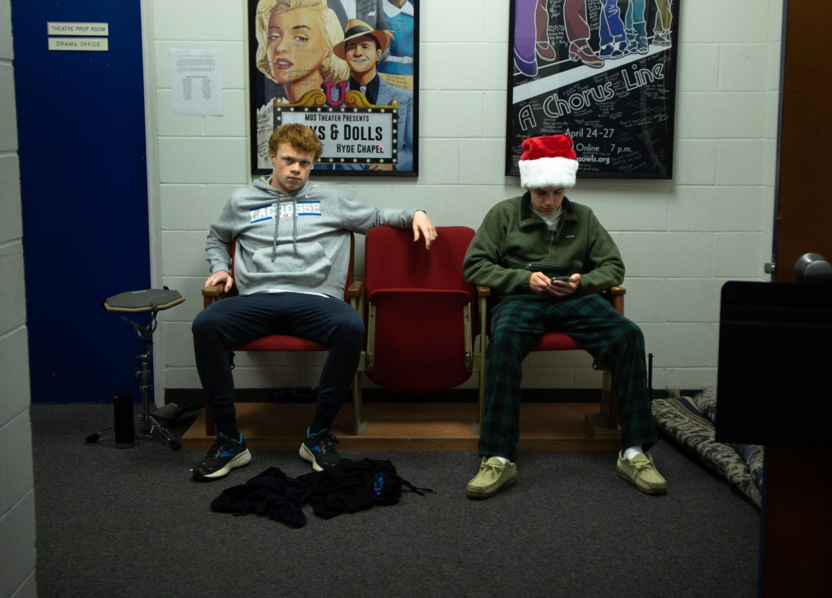 Warren Milnor (12) and Hugh Flanders (12) sit backstage before warmups.