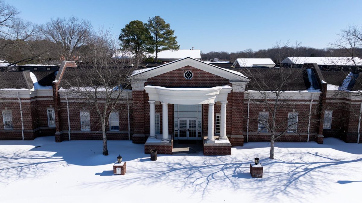 The entrance to the Upper School, covered in snow, from a drone shot. (Photo Courtesy of Joe Luther)