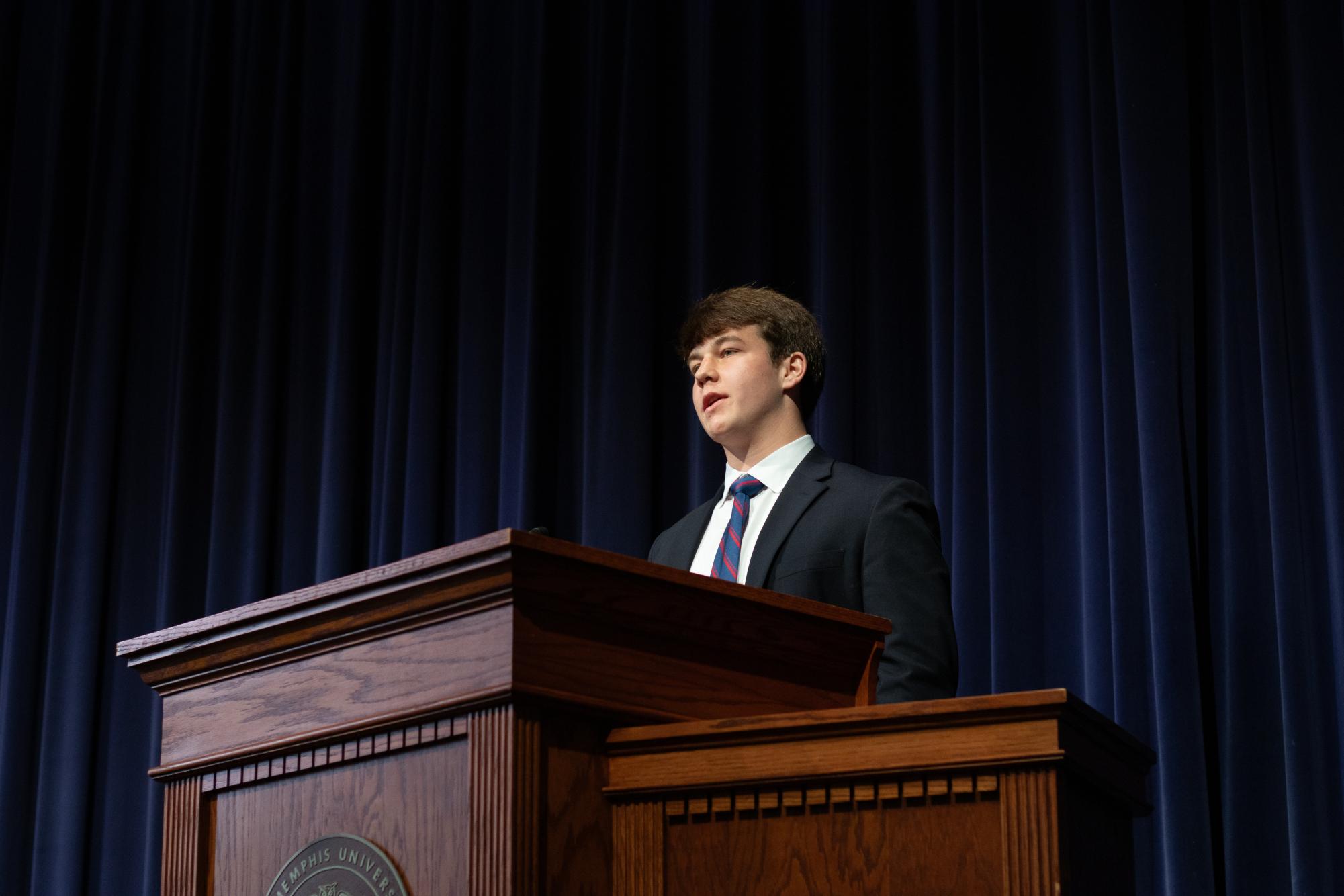 Adams Feild (11) delivers his speech for the Honor Council presidency at chapel on Wednesday, March 18.