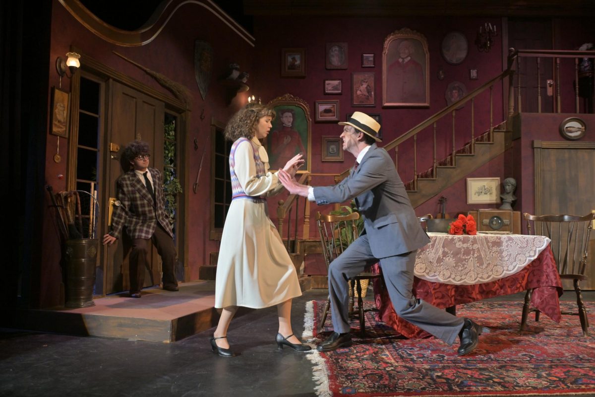 Davis Younker (12), Gwen Palmer (SMS ’27) and Jacob Ray (12) participated in spirited dialogue in “Arsenic and Old Lace.” (Photo Courtesy of Brandon Dill)